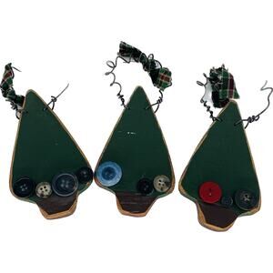 Wood Christmas Tree Decor Lot of 3 Buttons Wire Fabric Bows Handmade Winter